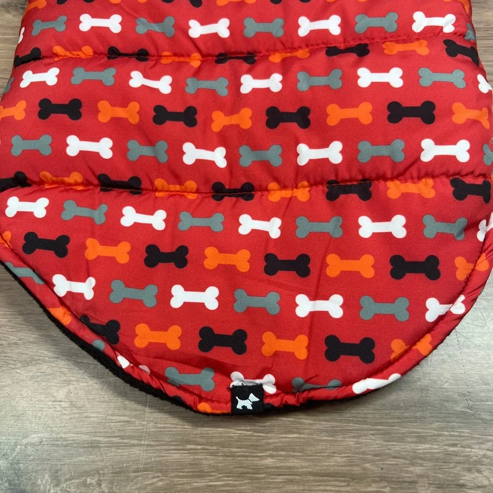Hotel Doggy Puffer Vest Red Bone Print Fleece Lined Size Small